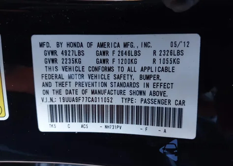 2012 Acura Tl 3.7 from USA, damaged, VIN 19UUA9F77CA011052